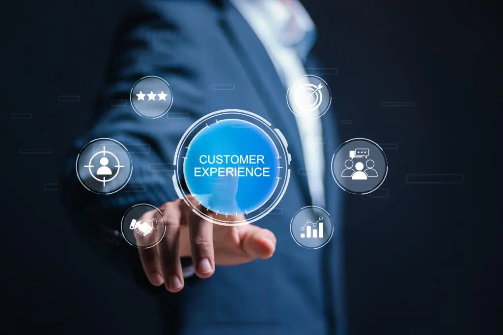customerexperiencemanagementconceptbusinessmantouchingvirtualcustomerexperienceicon