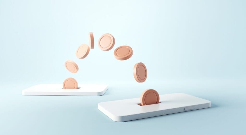 moneytransferonsmartphones-coinsmovingfromonemobilephone