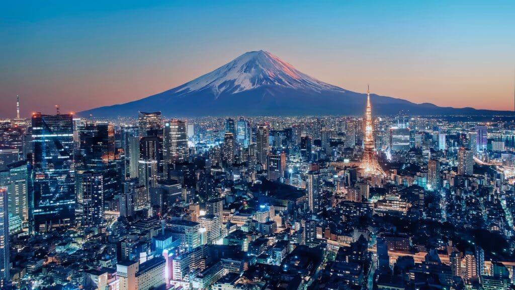 tokyocityviewedfromhighupatsunsetjapan